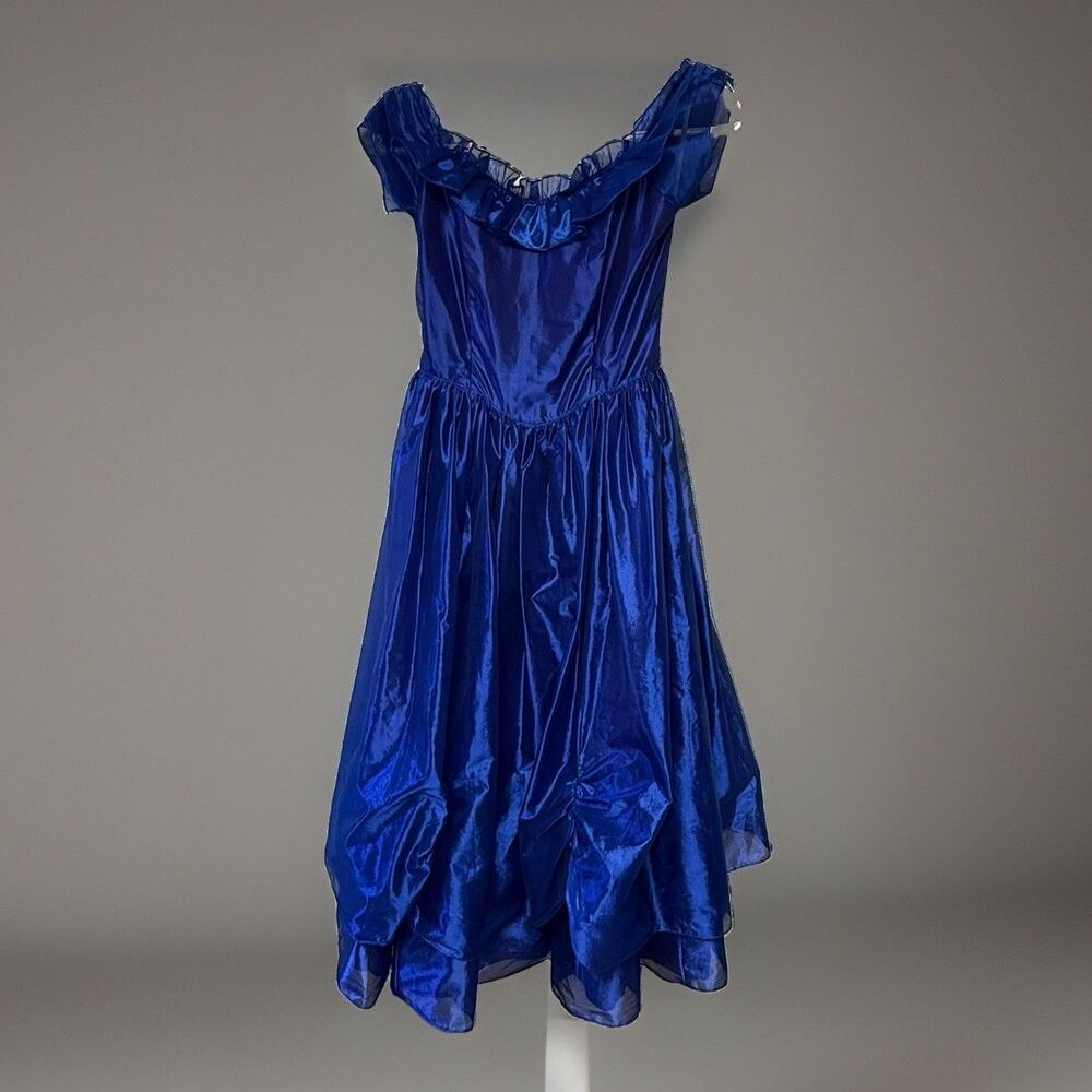 Vintage Royal Blue Satin Ruffle Puff Dress Prom Homecoming Steppin Out 80s 90s